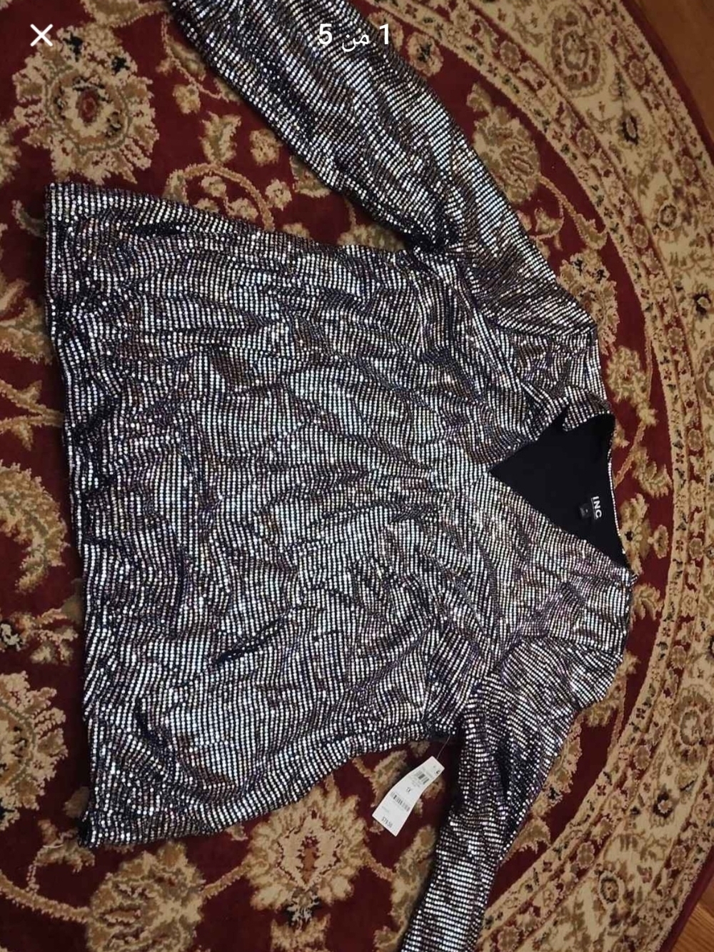 Sequin V-Neck Long Sleeve Top - Silver